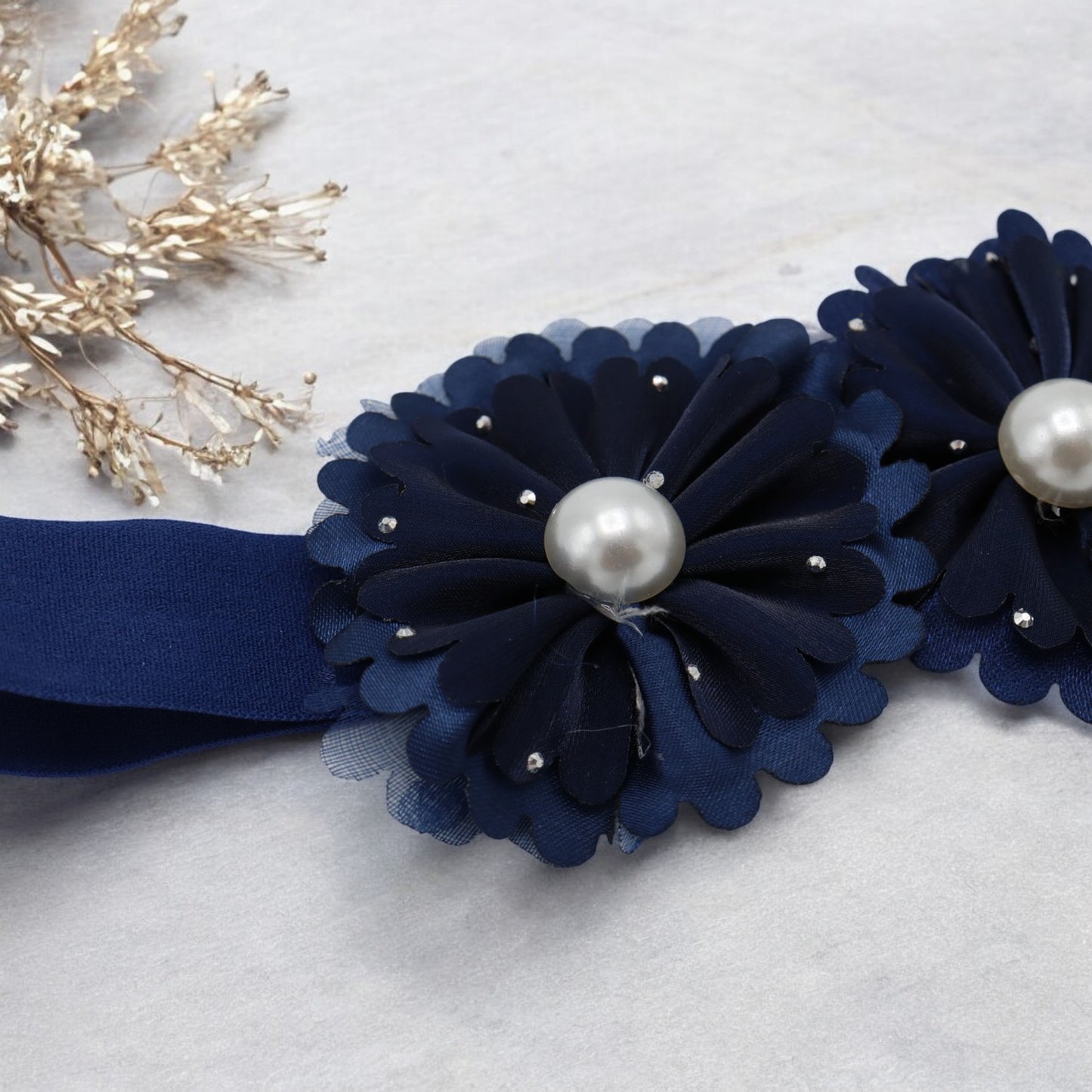 Baby Hairband with Two Petite Flowers Navy Blue