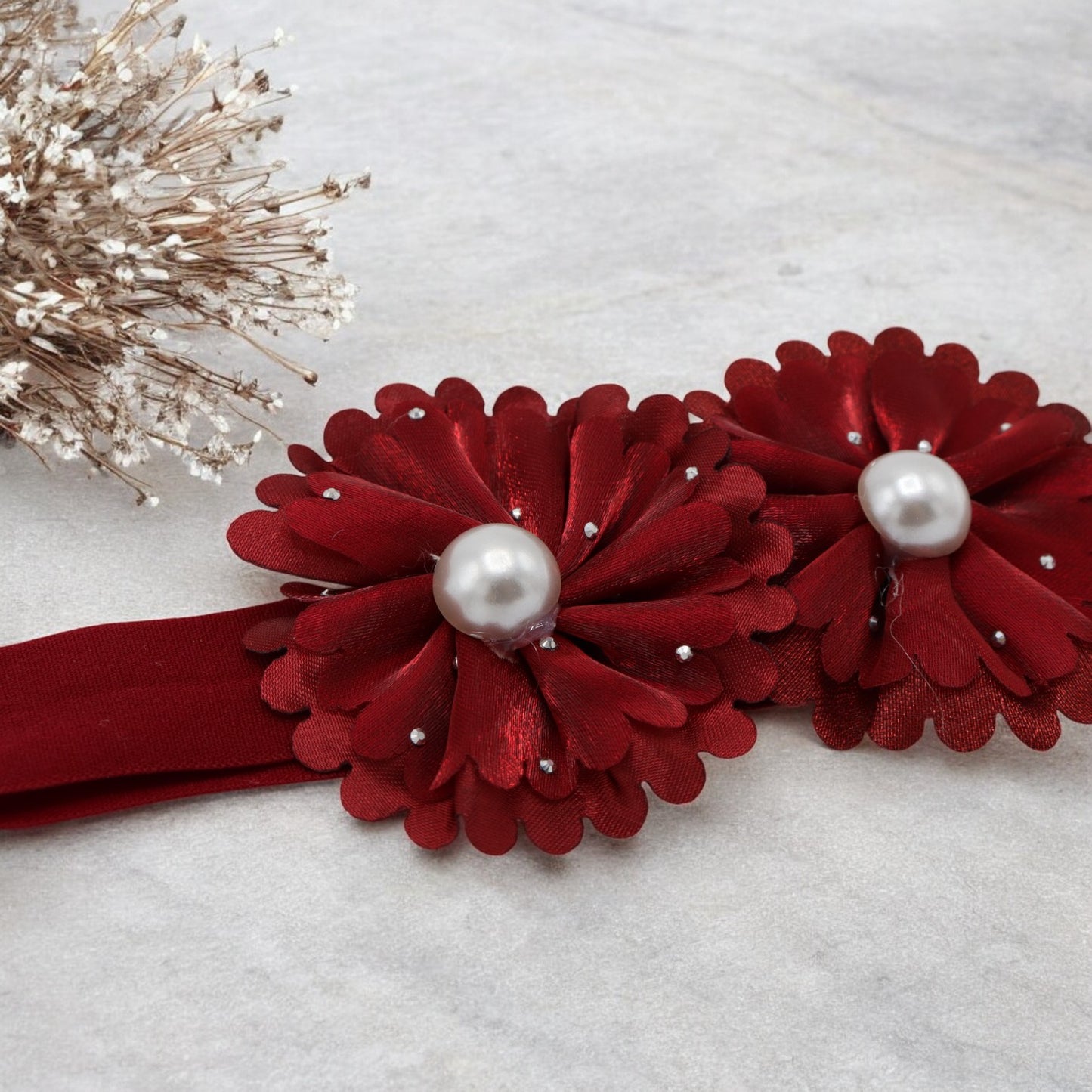 Baby Hairband with Two Petite Flowers Maroon