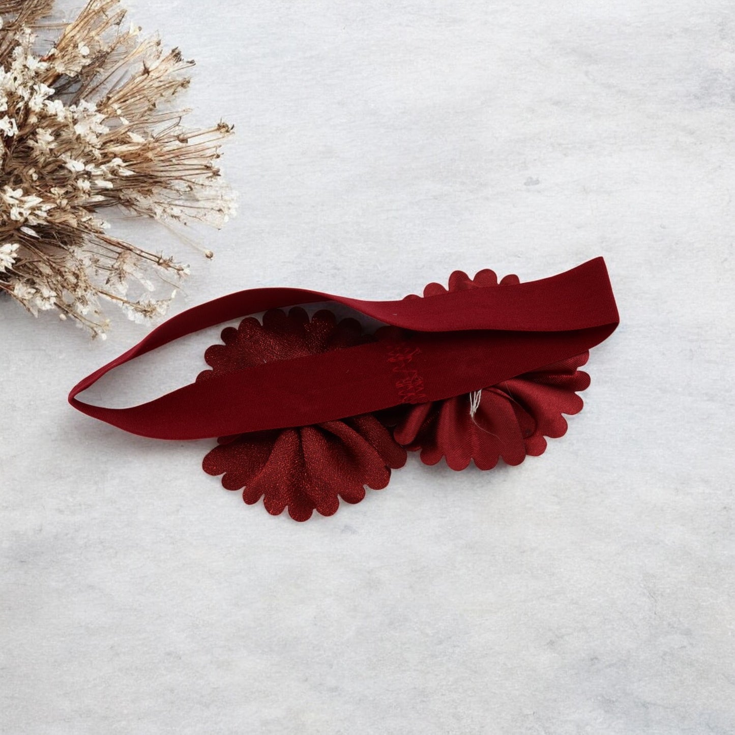 Baby Hairband with Two Petite Flowers Maroon