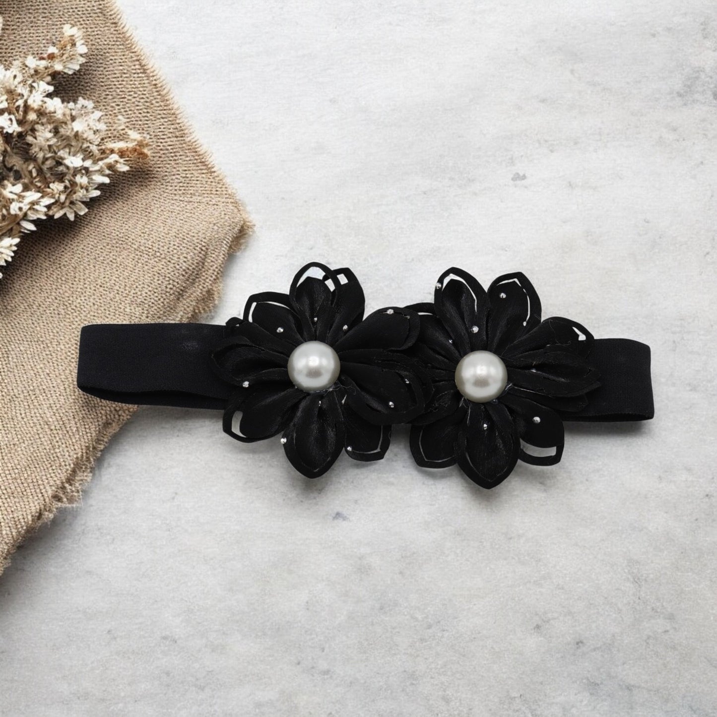 Baby Hairband with Two Petite Flowers Black