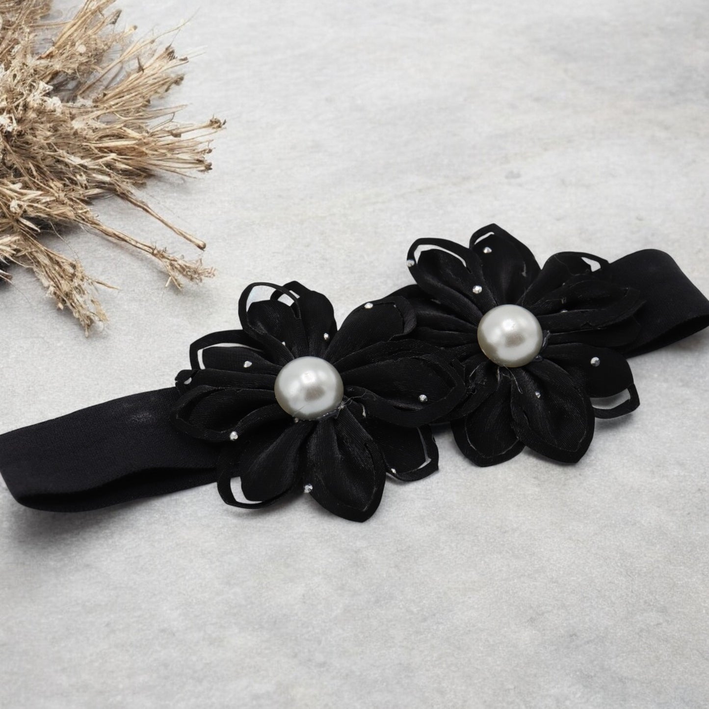 Baby Hairband with Two Petite Flowers Black