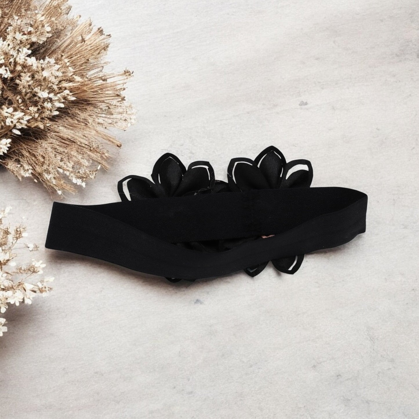Baby Hairband with Two Petite Flowers Black