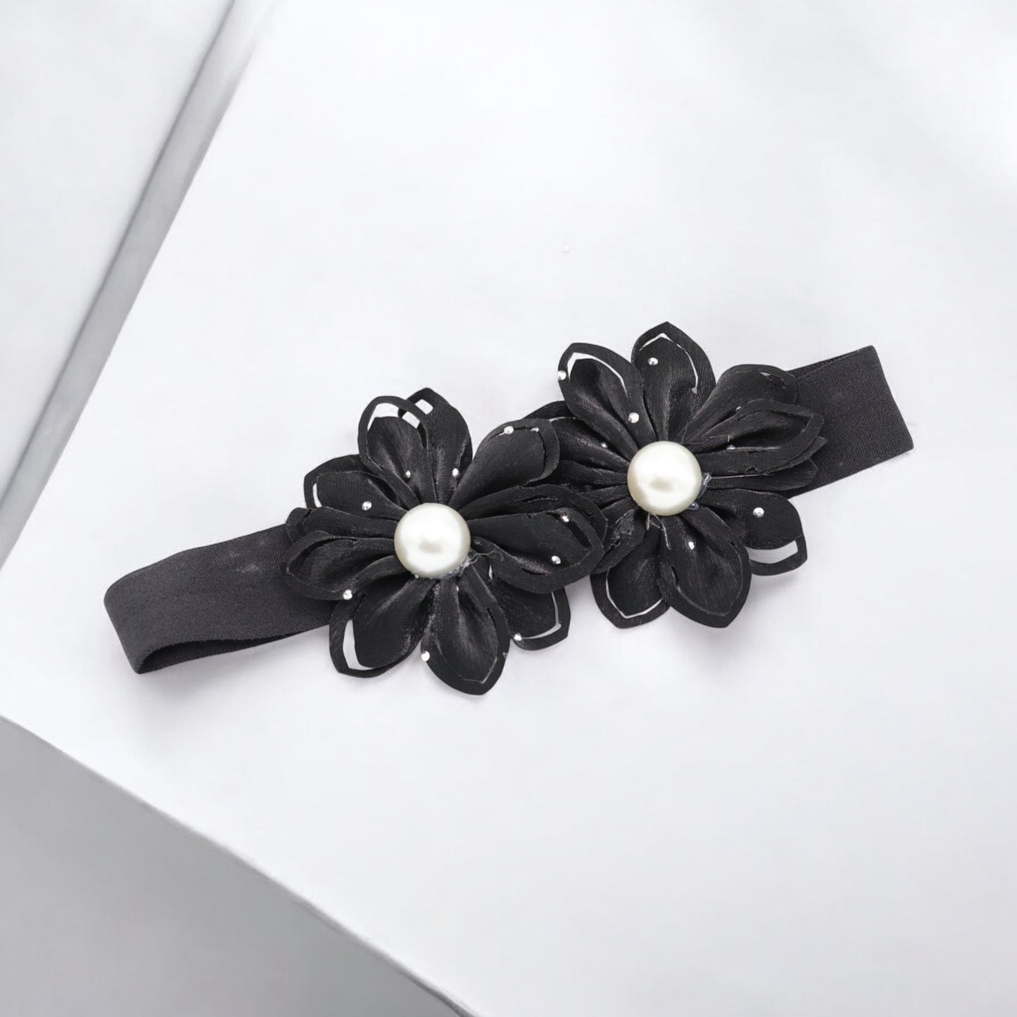 Baby Hairband with Two Petite Flowers Black