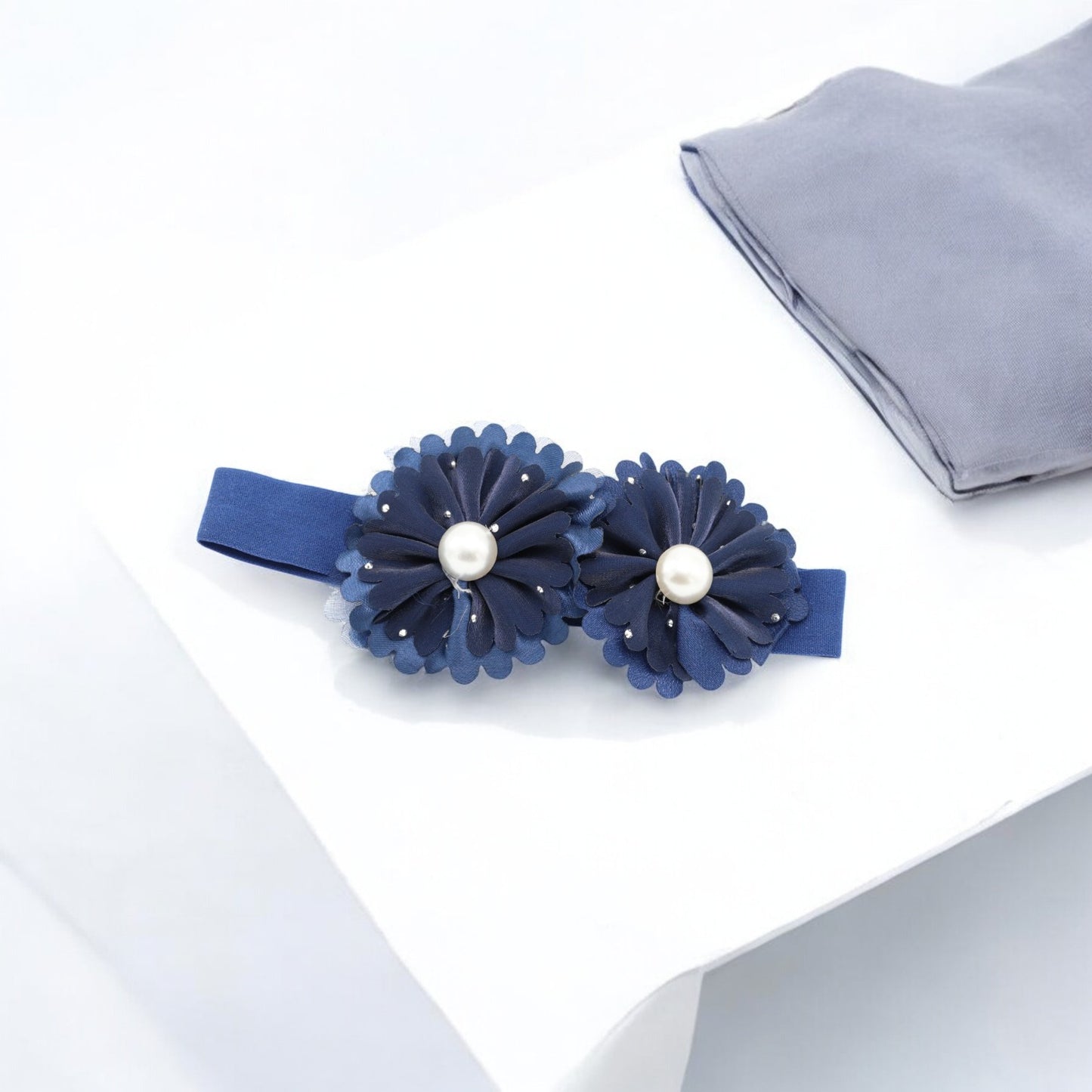 Baby Hairband with Two Petite Flowers Navy Blue