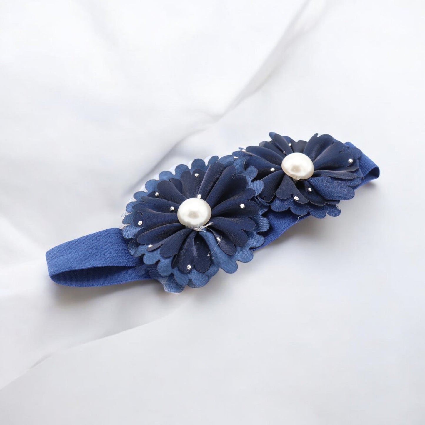 Baby Hairband with Two Petite Flowers Navy Blue