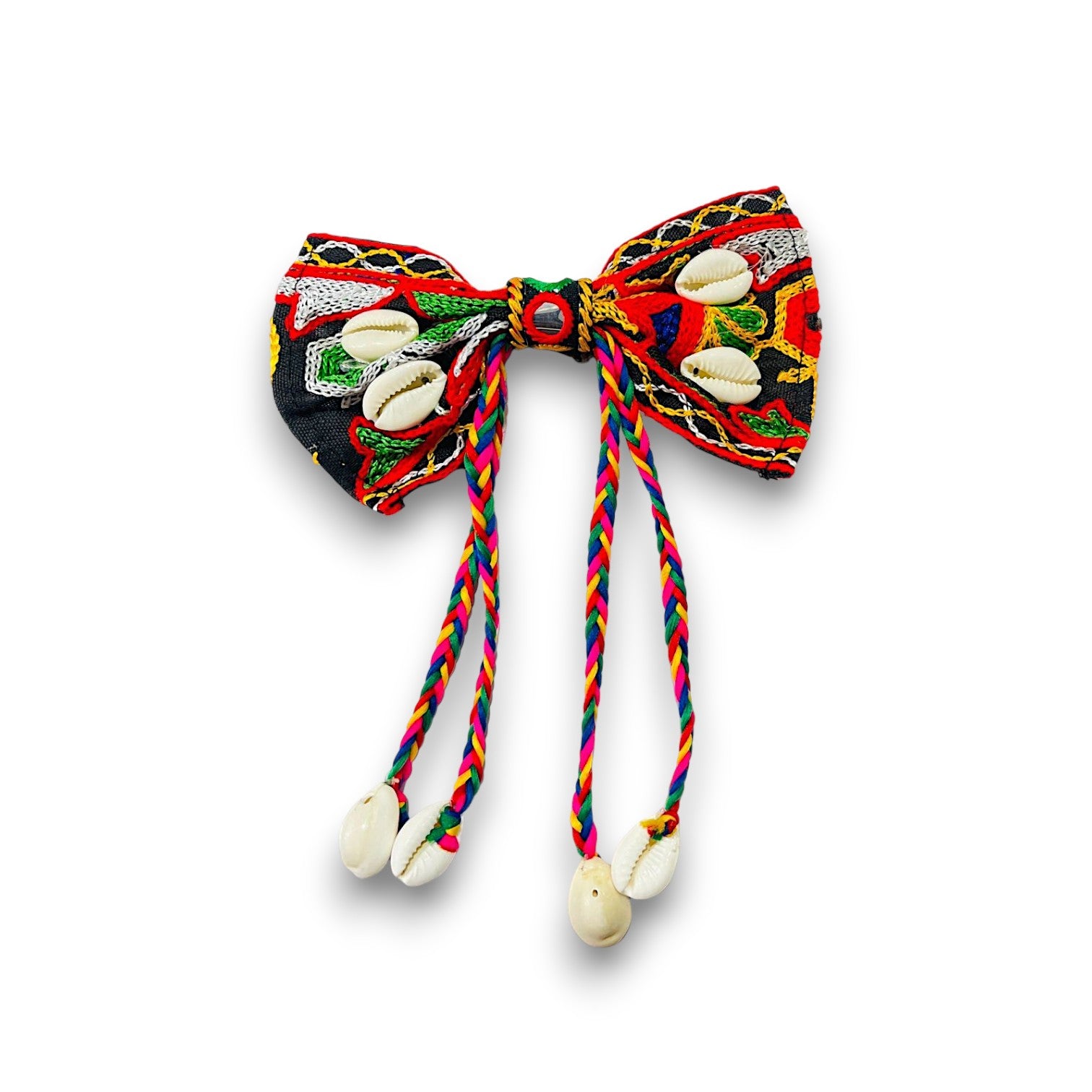 Embroidered Bow Hair Clip with Cowrie Shells