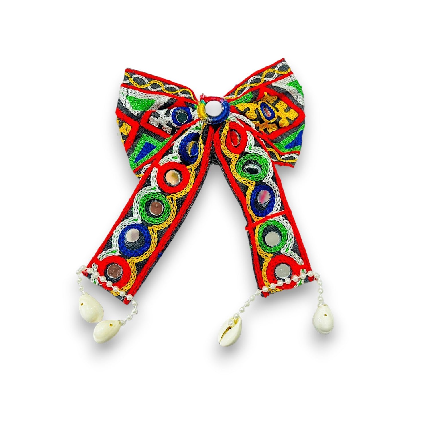 Embroidered Bow Hair Tie with Cowrie Shells