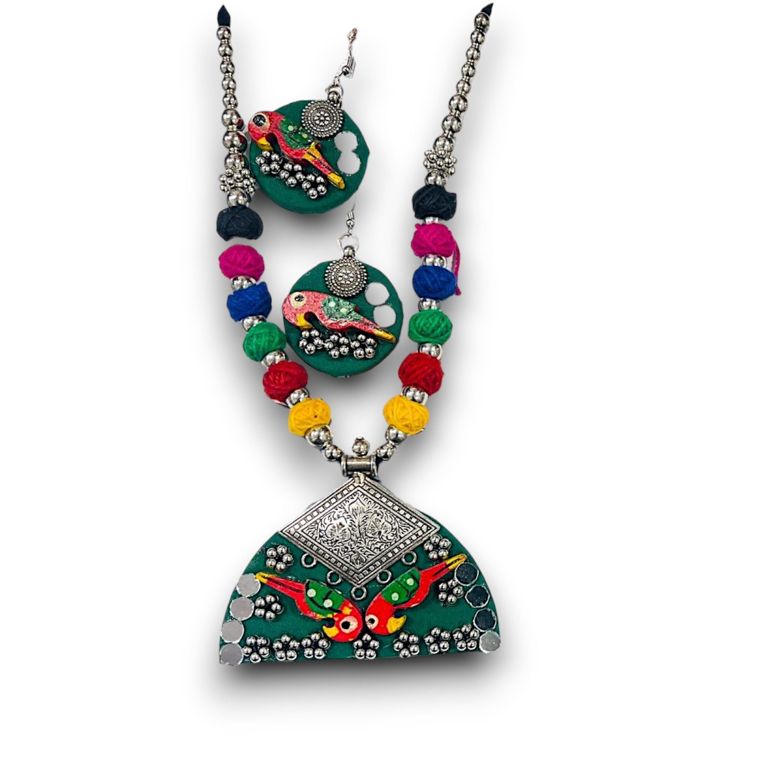 Tribal Oxidised Silver & Colorful Parrot Design