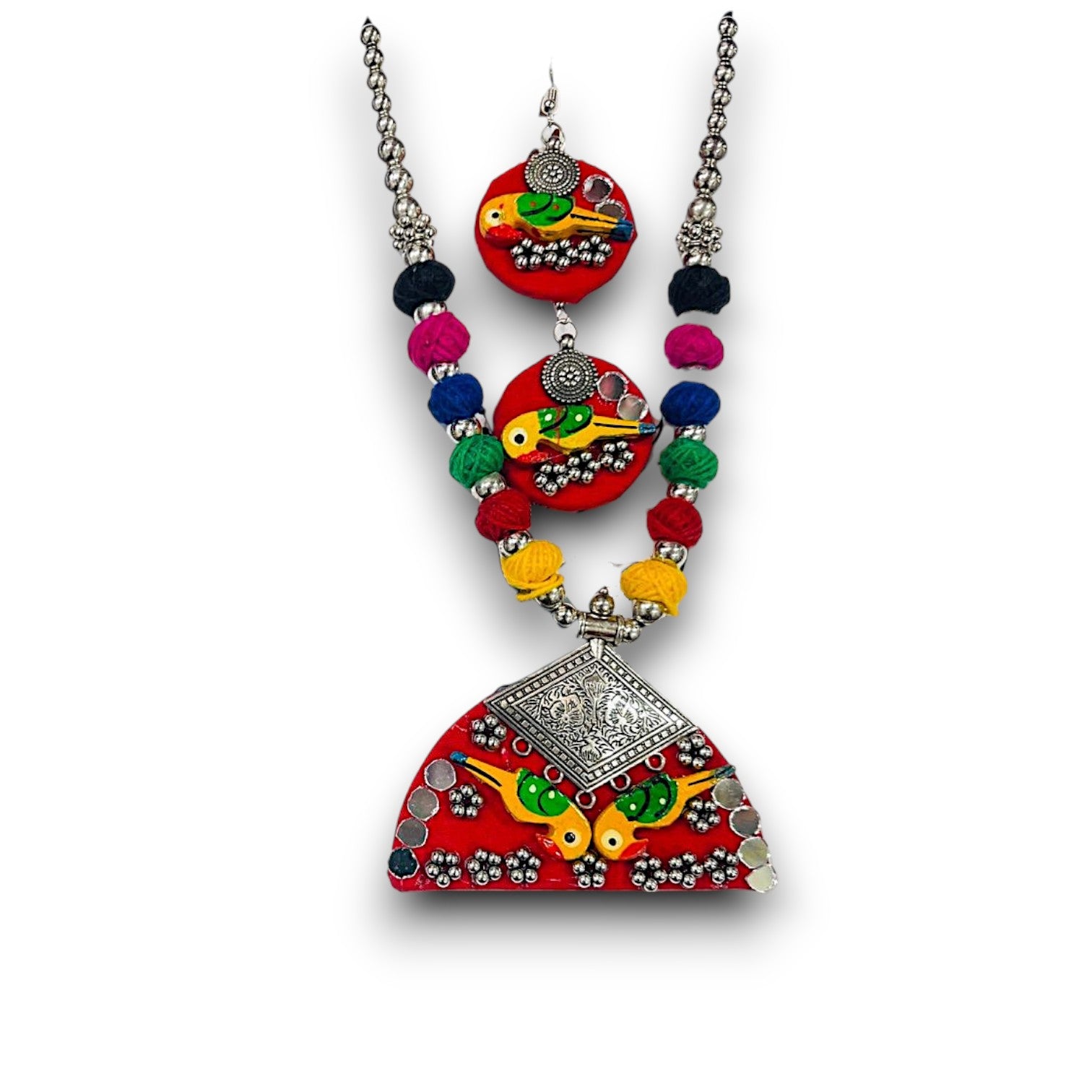 Tribal Oxidised Silver & Colorful Parrot Design