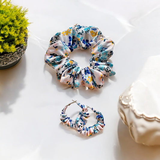 Floral Charm Scrunchie Hoop earring set