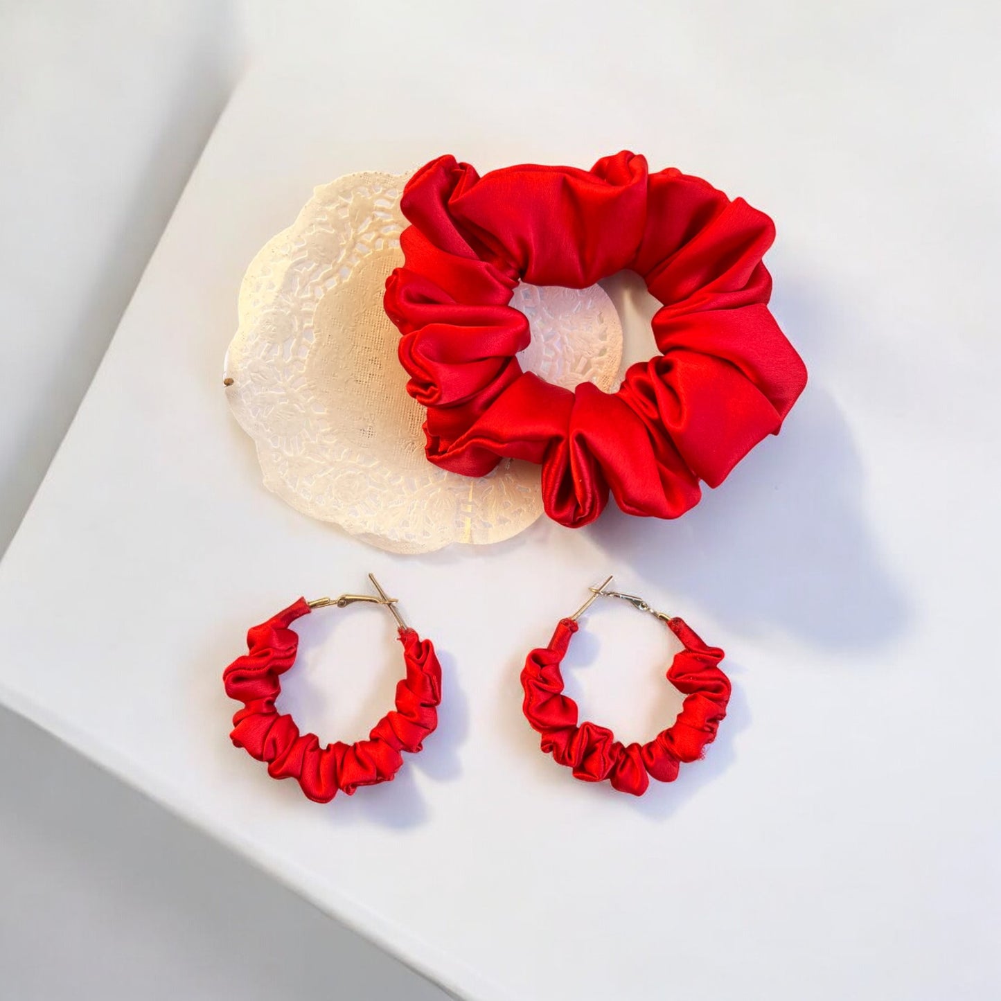 Crimson Kiss Scrunchie Hoop earring set
