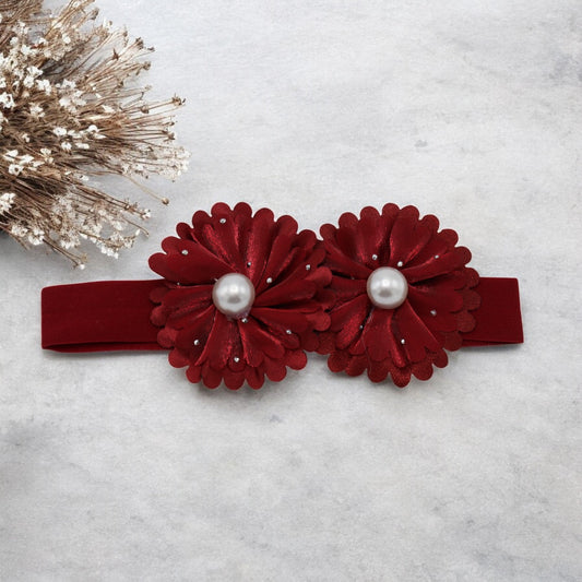 Baby Hairband with Two Petite Flowers Maroon