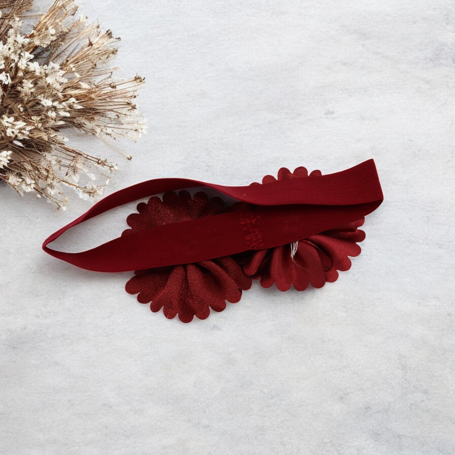 Baby Hairband with Two Petite Flowers Maroon