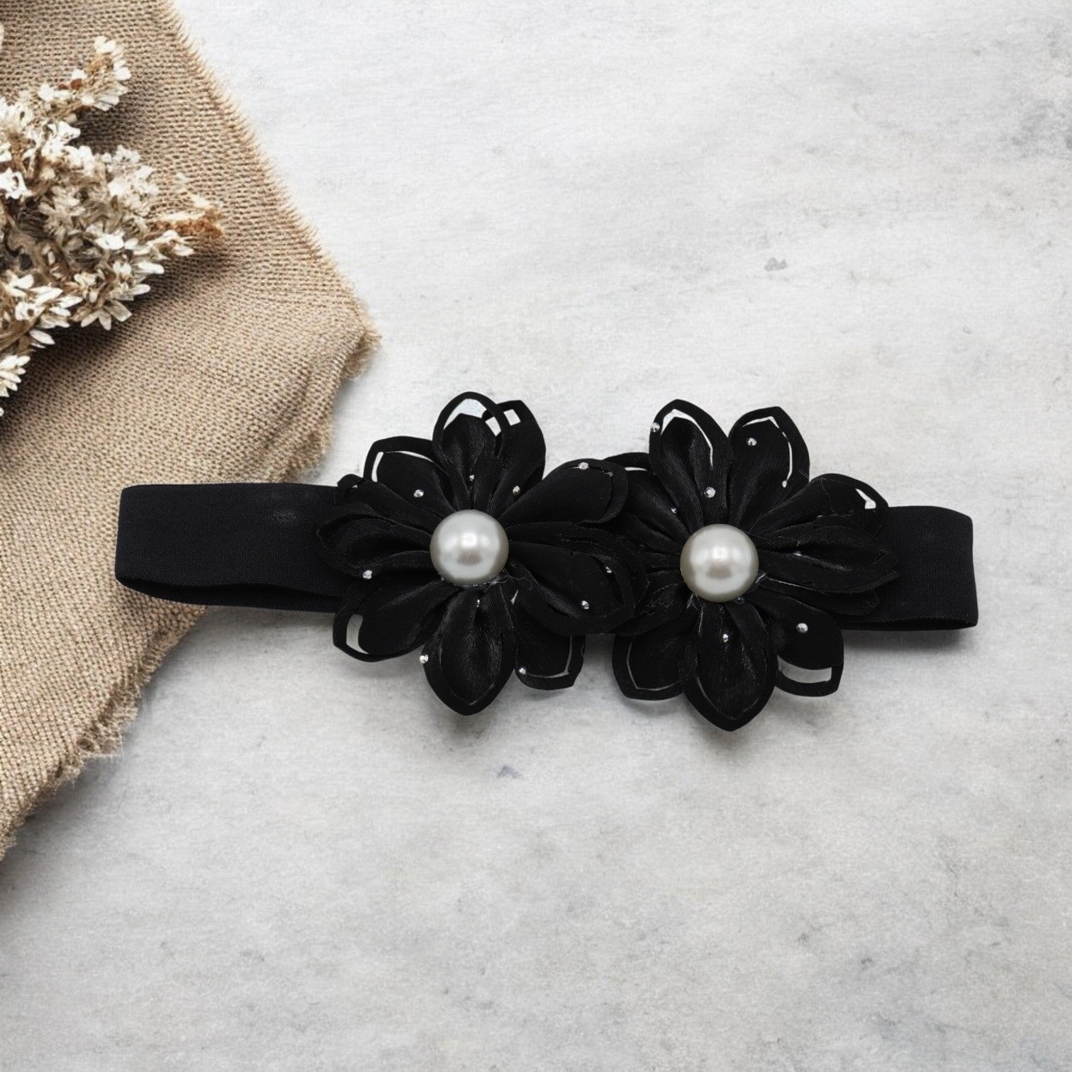 Baby Hairband with Two Petite Flowers Black