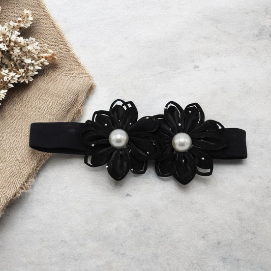 Baby Hairband with Two Petite Flowers Black