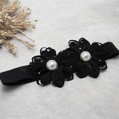 Baby Hairband with Two Petite Flowers Black