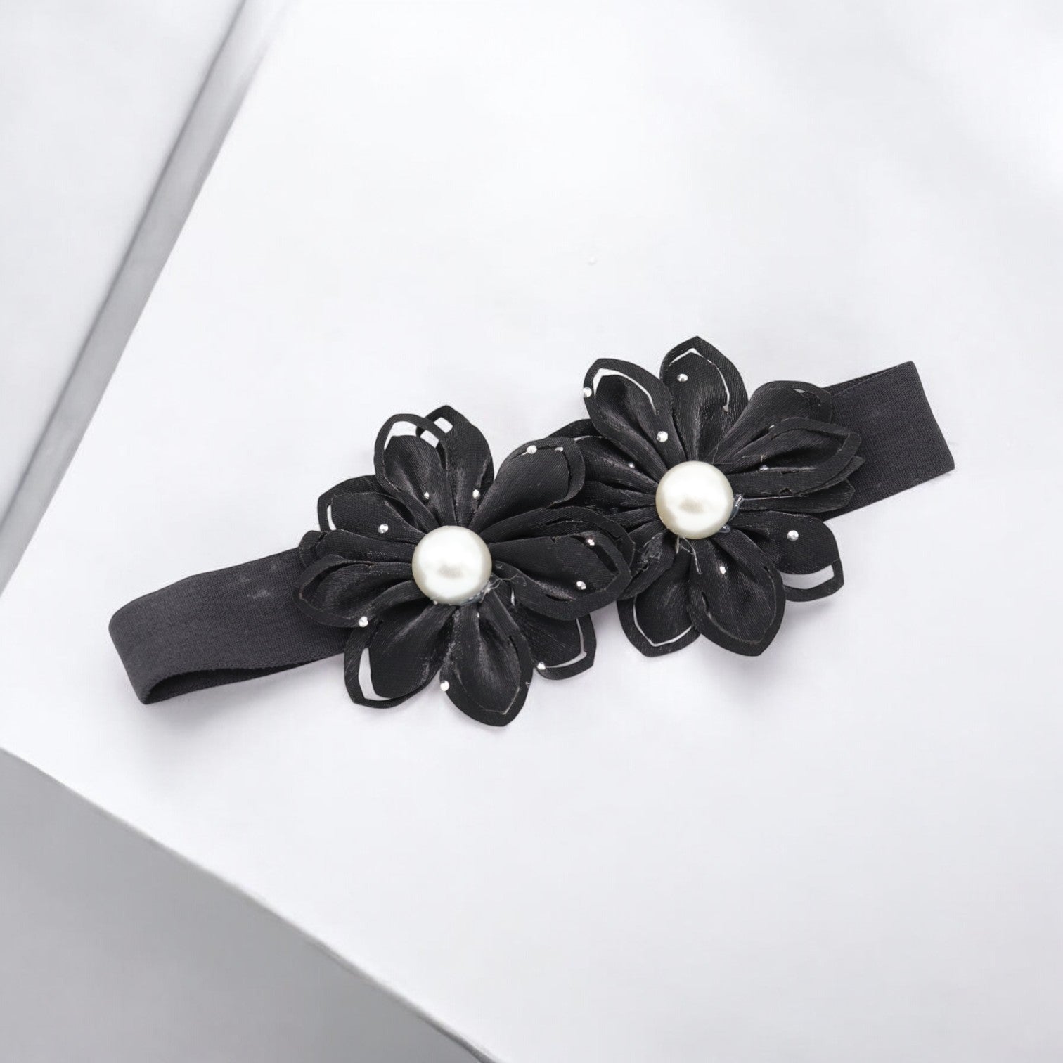Baby Hairband with Two Petite Flowers Black
