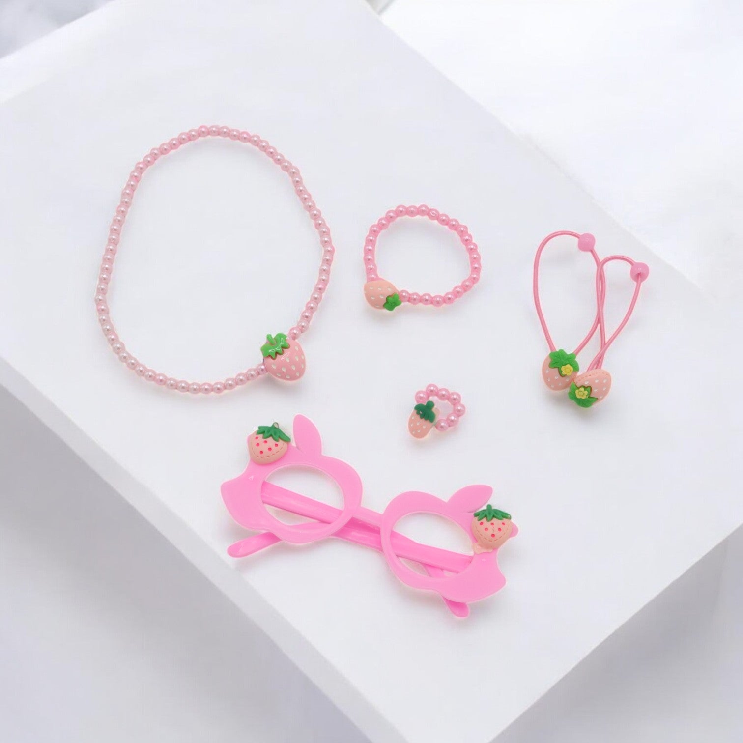 Strawberry Princess Jewelry Gift Set – Necklace, Bracelet, Hand Ring & Fancy Goggles