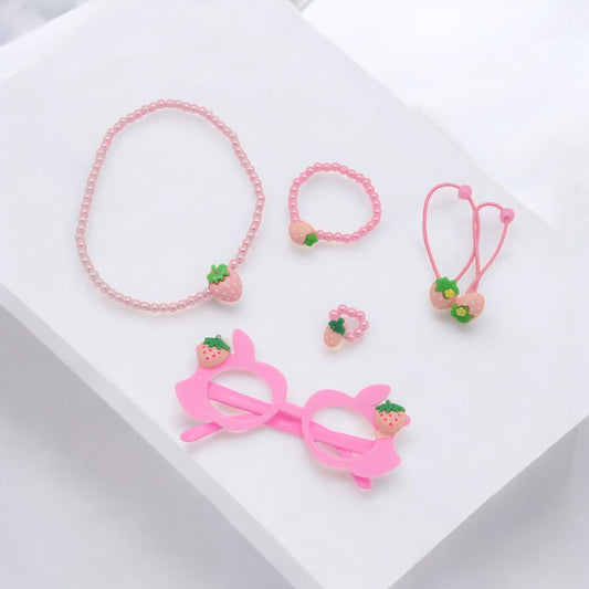 Strawberry Princess Jewelry Gift Set – Necklace, Bracelet, Hand Ring & Fancy Goggles