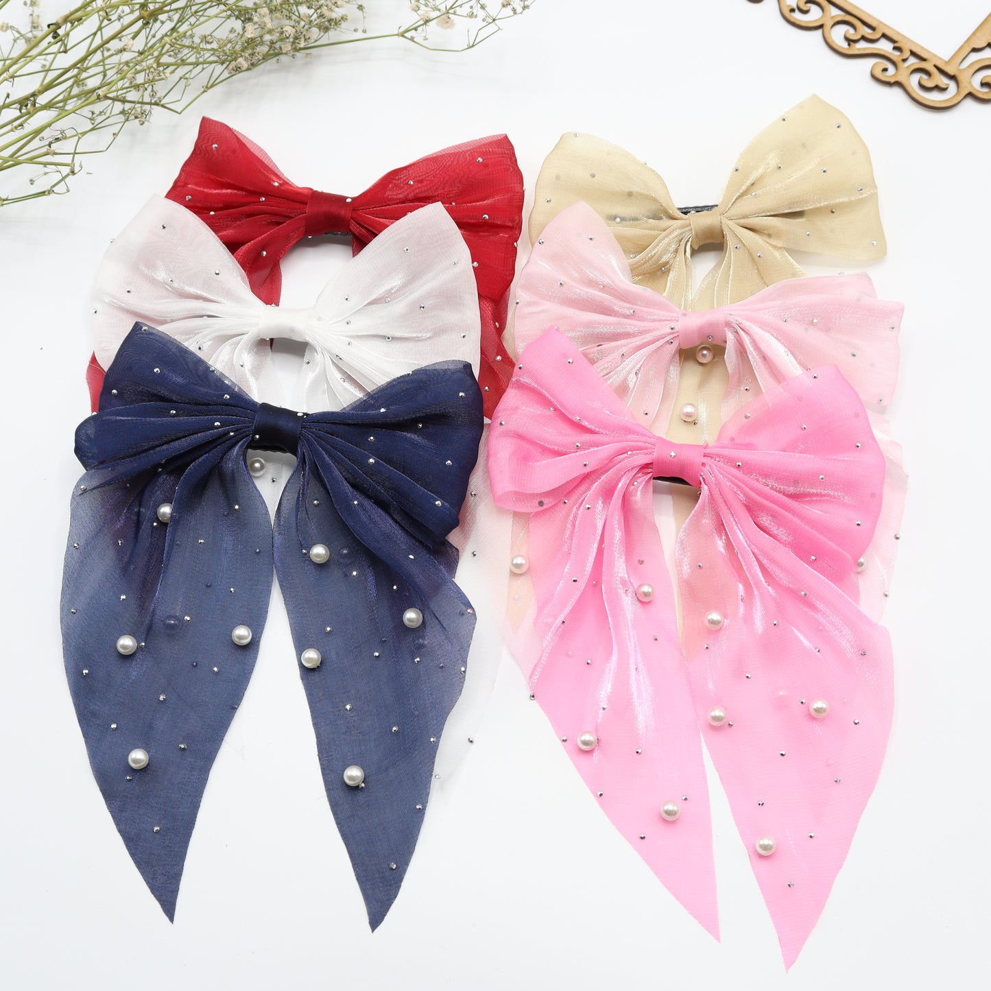 Pearl Elegance Organza Hair Bow