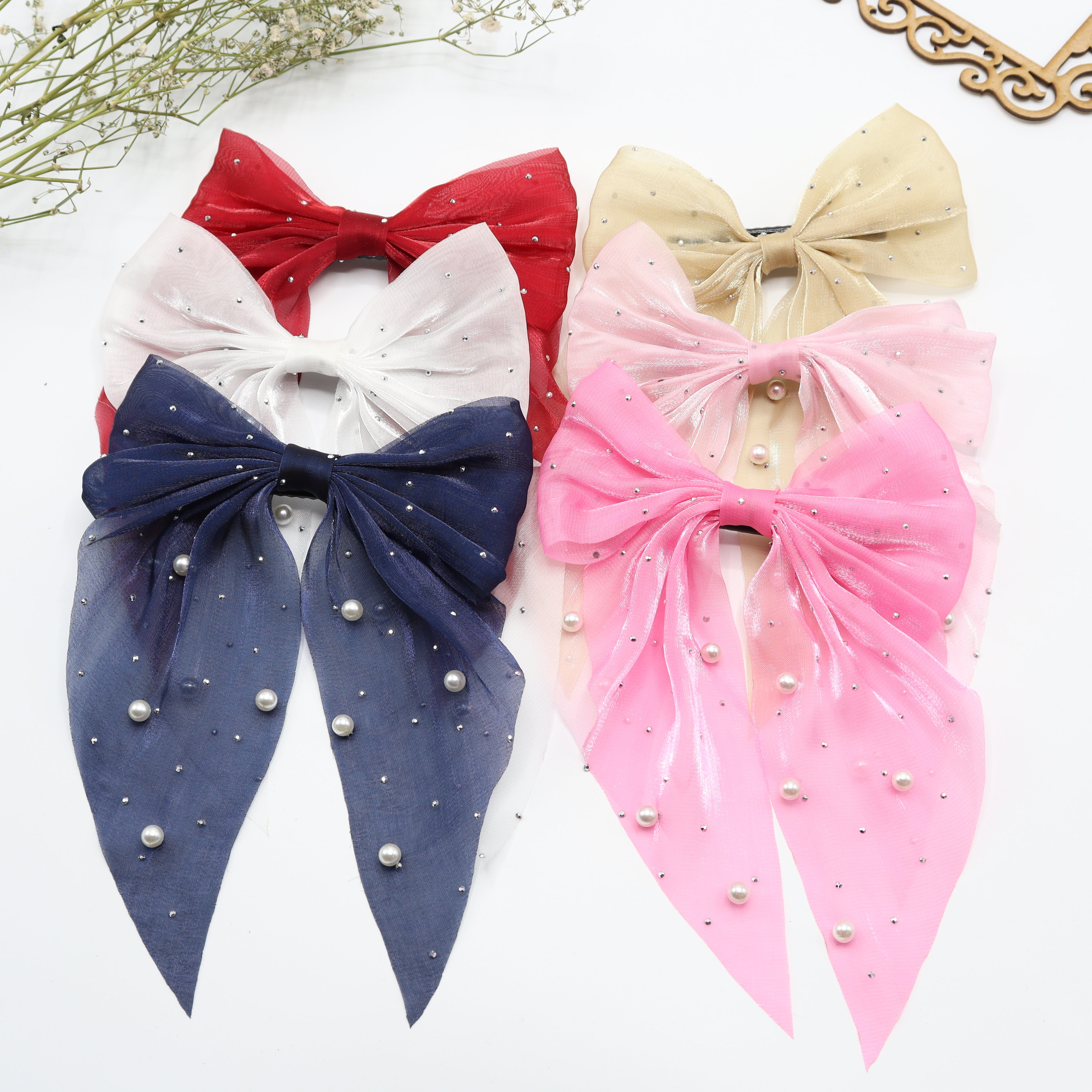 Pearl Elegance Organza Hair Bow