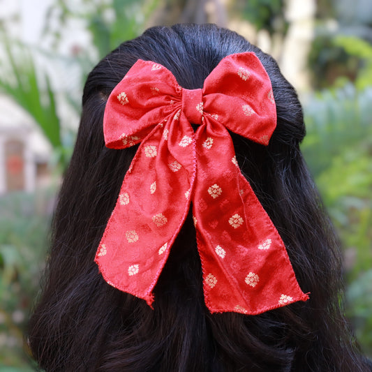 Multi-Functional Handmade KK Cotton & Golden Fabric Bow | Hair Accessory for Women & Girls | Traditional & Western Wear
